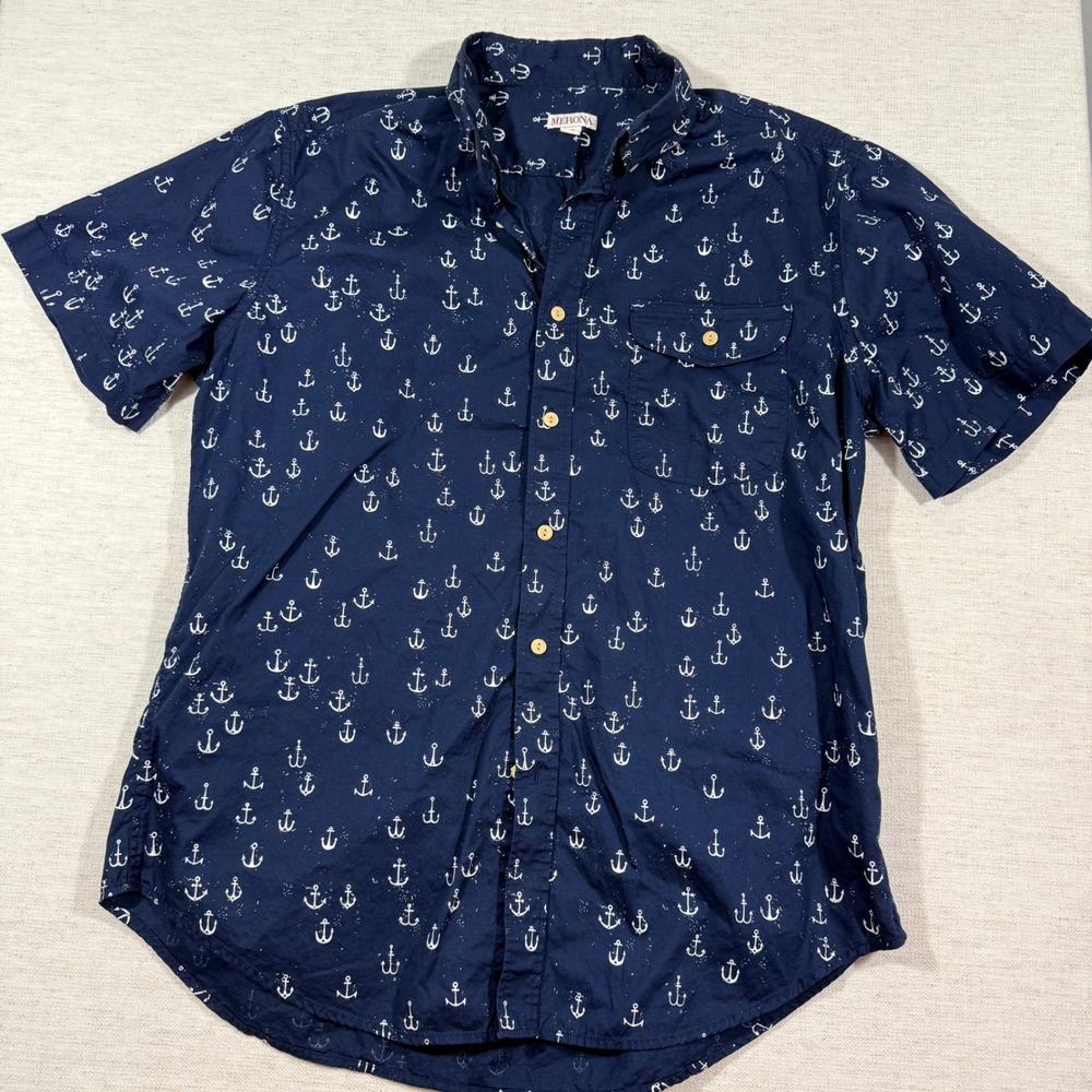 Merona Button Down Shirt Mens L Blue Good Anchor Print Short Sleeve Cotton